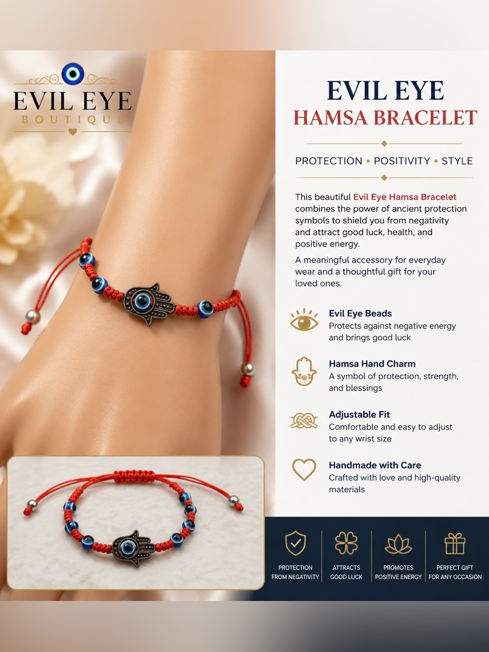 Evil Eye Hamsa Bracelet by - Red and Blue Adjustable Charm Bracelet